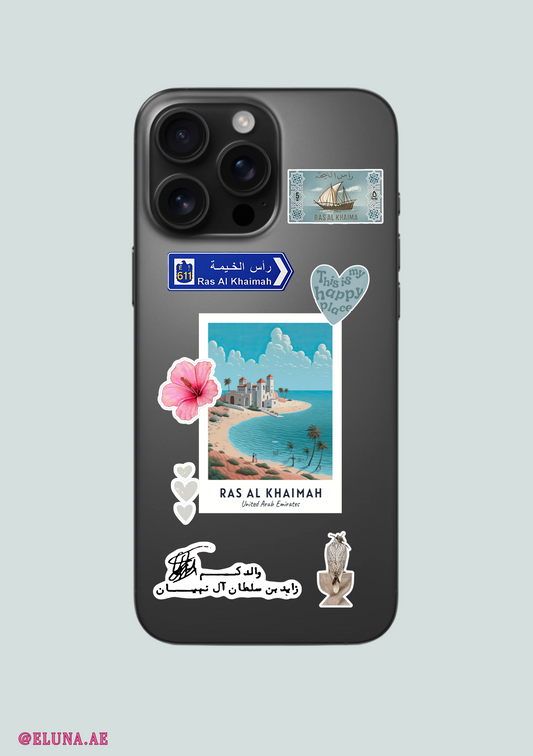 Phone case with Ras Al Khaimah design and various stickers on a light gray background